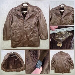 Vintage Golden State Coat Mens 44 Brown Leather Fleece Lined Winter Overcoat